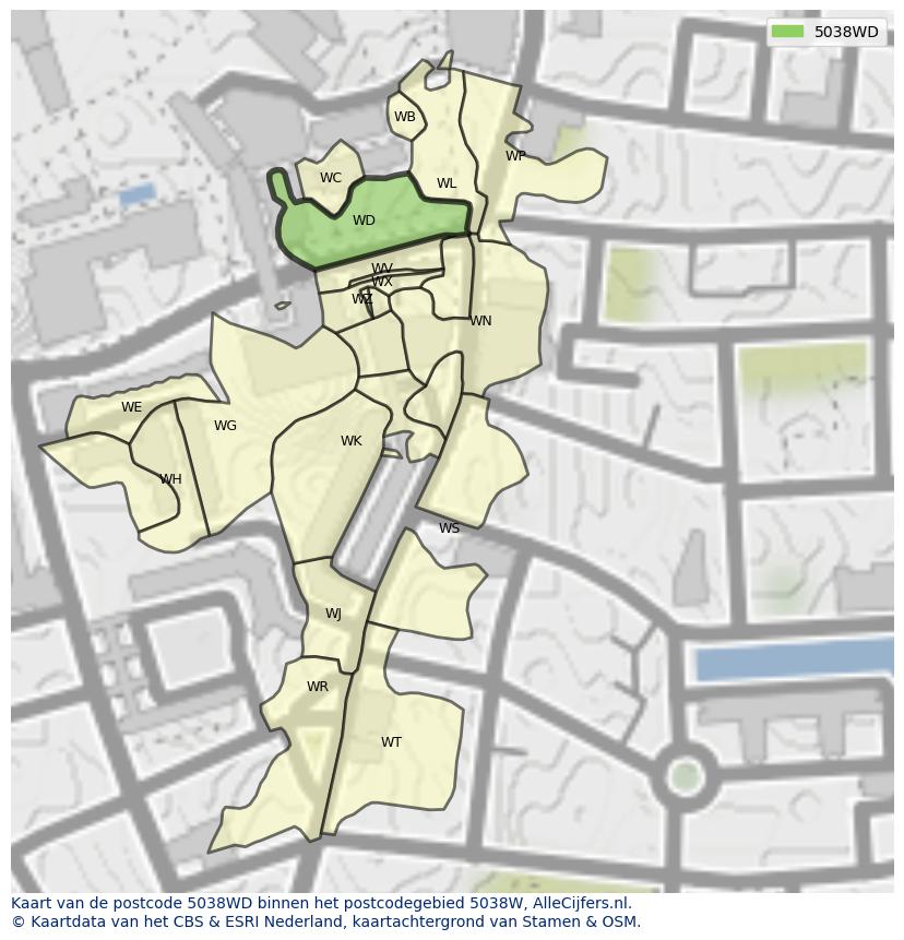 Afbeelding van het postcodegebied 5038 WD op de kaart.