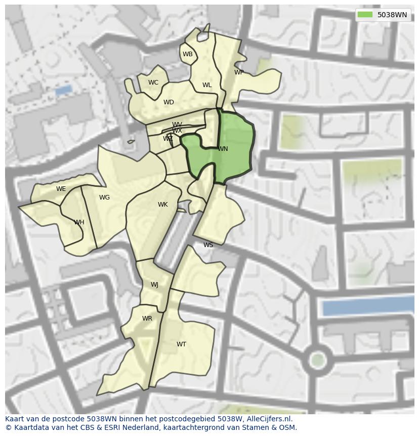 Afbeelding van het postcodegebied 5038 WN op de kaart.