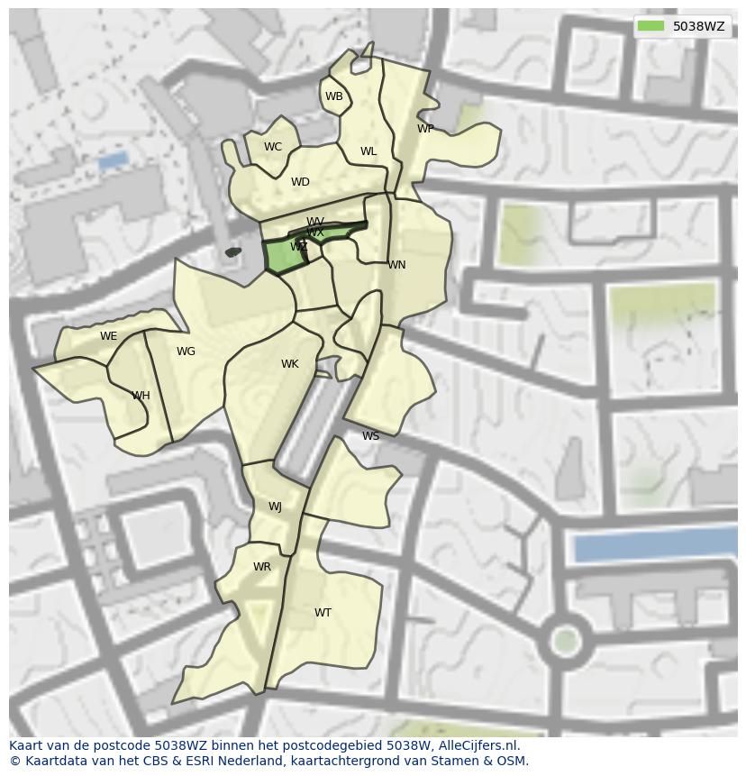 Afbeelding van het postcodegebied 5038 WZ op de kaart.