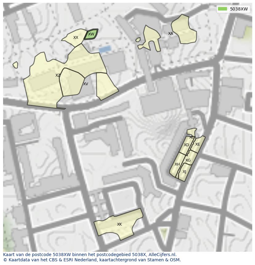 Afbeelding van het postcodegebied 5038 XW op de kaart.