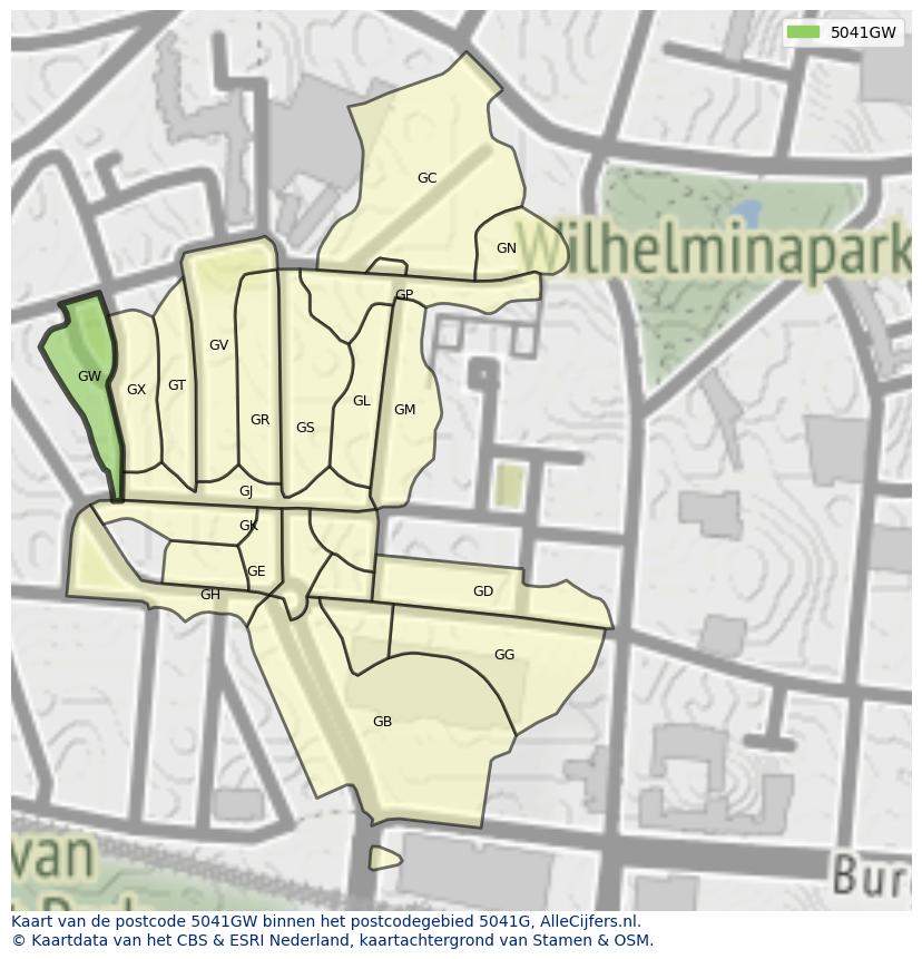 Afbeelding van het postcodegebied 5041 GW op de kaart.