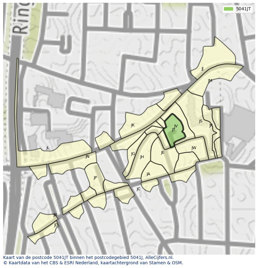Afbeelding van het postcodegebied 5041 JT op de kaart.