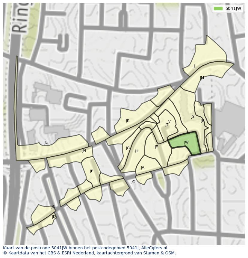 Afbeelding van het postcodegebied 5041 JW op de kaart.