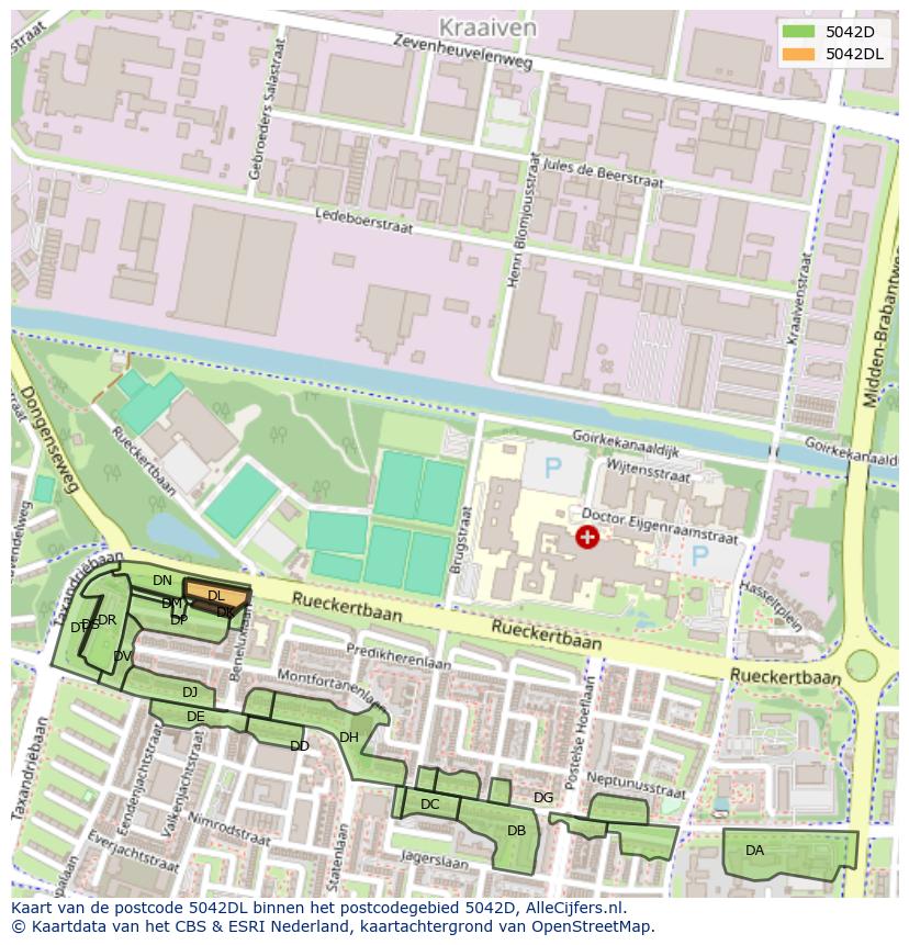 Afbeelding van het postcodegebied 5042 DL op de kaart.