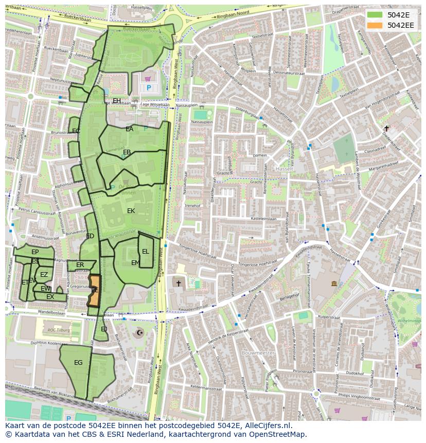 Afbeelding van het postcodegebied 5042 EE op de kaart.