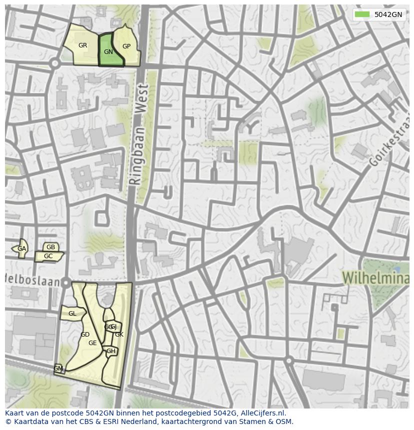 Afbeelding van het postcodegebied 5042 GN op de kaart.