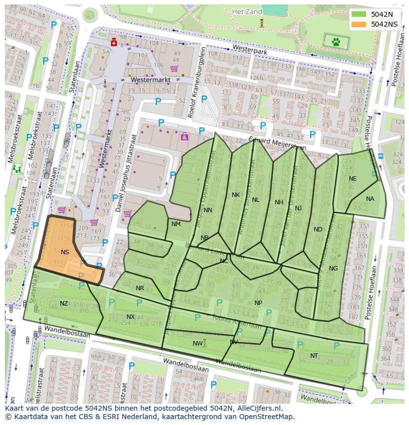 Afbeelding van het postcodegebied 5042 NS op de kaart.