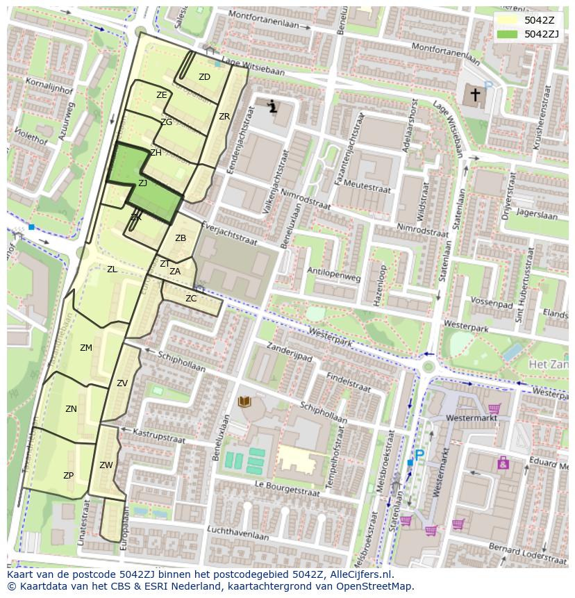 Afbeelding van het postcodegebied 5042 ZJ op de kaart.