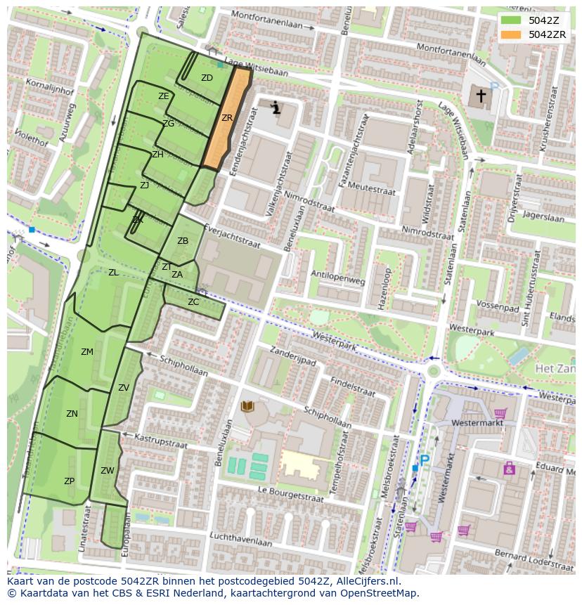 Afbeelding van het postcodegebied 5042 ZR op de kaart.