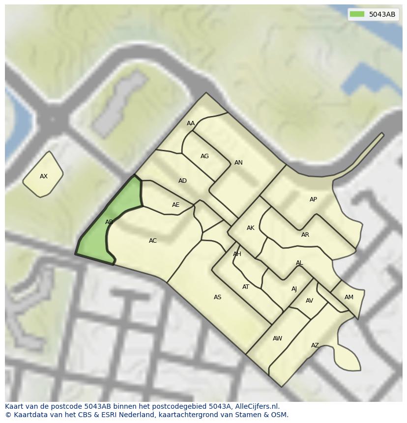 Afbeelding van het postcodegebied 5043 AB op de kaart.