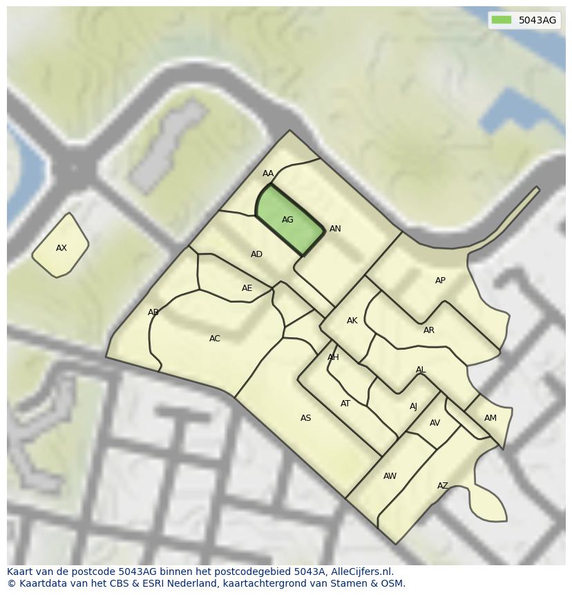 Afbeelding van het postcodegebied 5043 AG op de kaart.