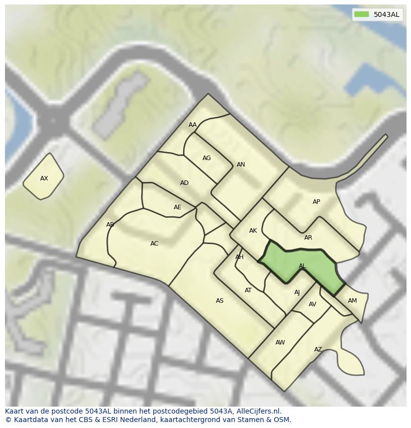 Afbeelding van het postcodegebied 5043 AL op de kaart.