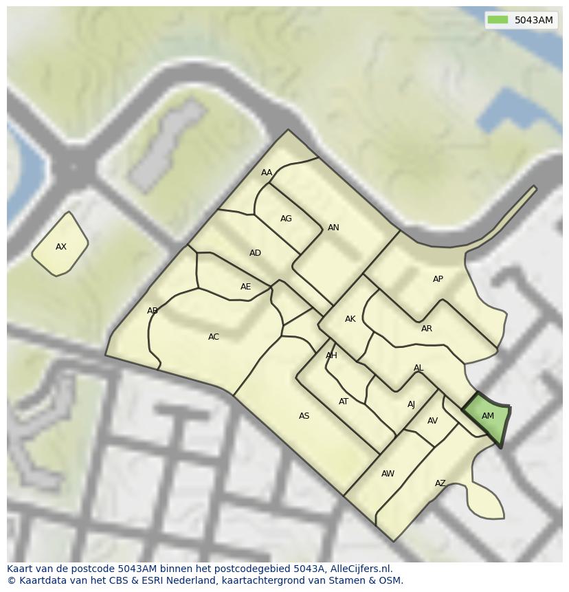 Afbeelding van het postcodegebied 5043 AM op de kaart.