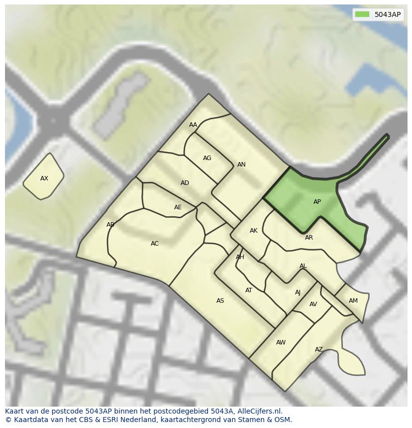 Afbeelding van het postcodegebied 5043 AP op de kaart.