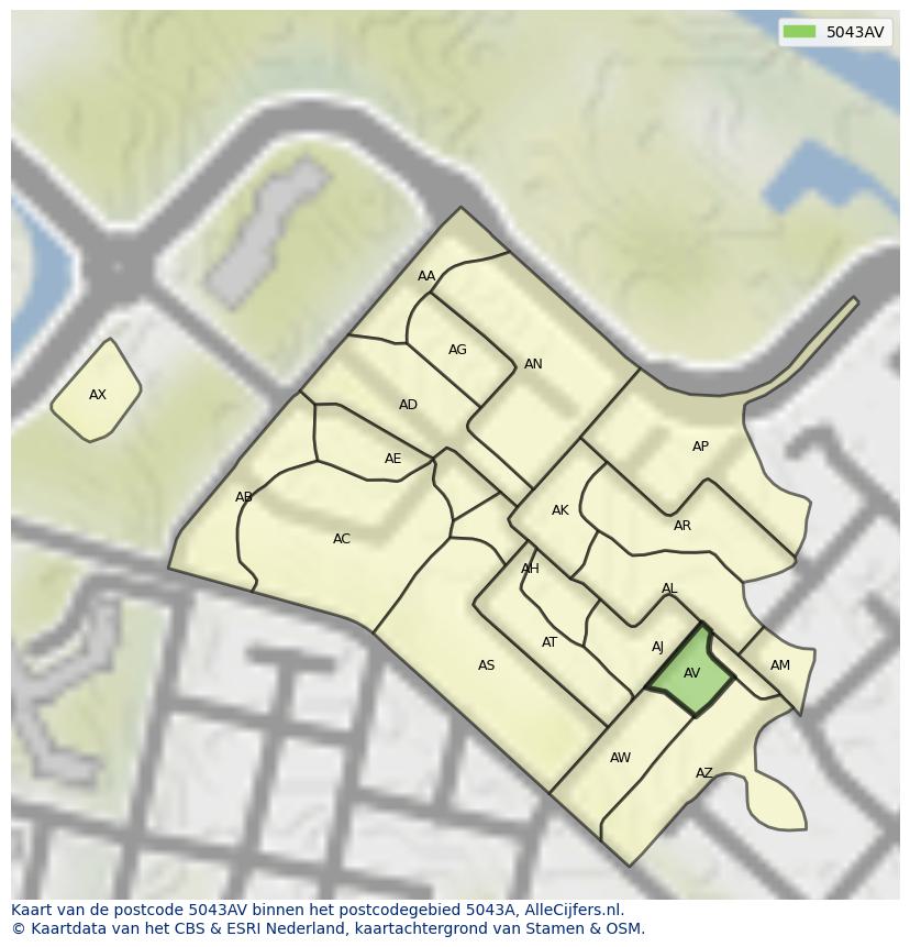 Afbeelding van het postcodegebied 5043 AV op de kaart.