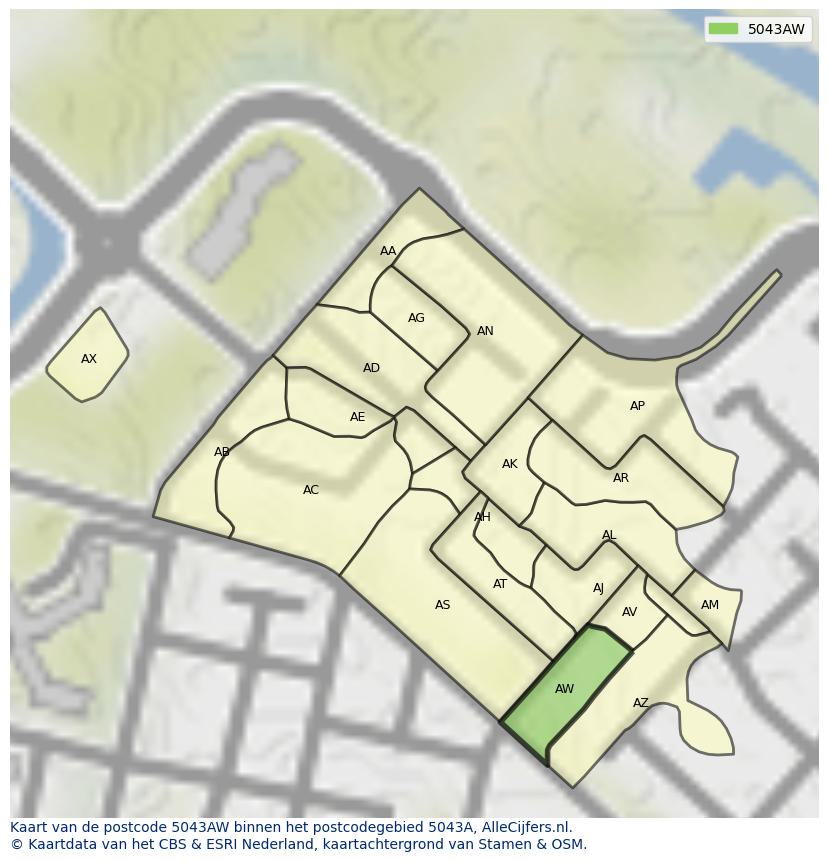 Afbeelding van het postcodegebied 5043 AW op de kaart.