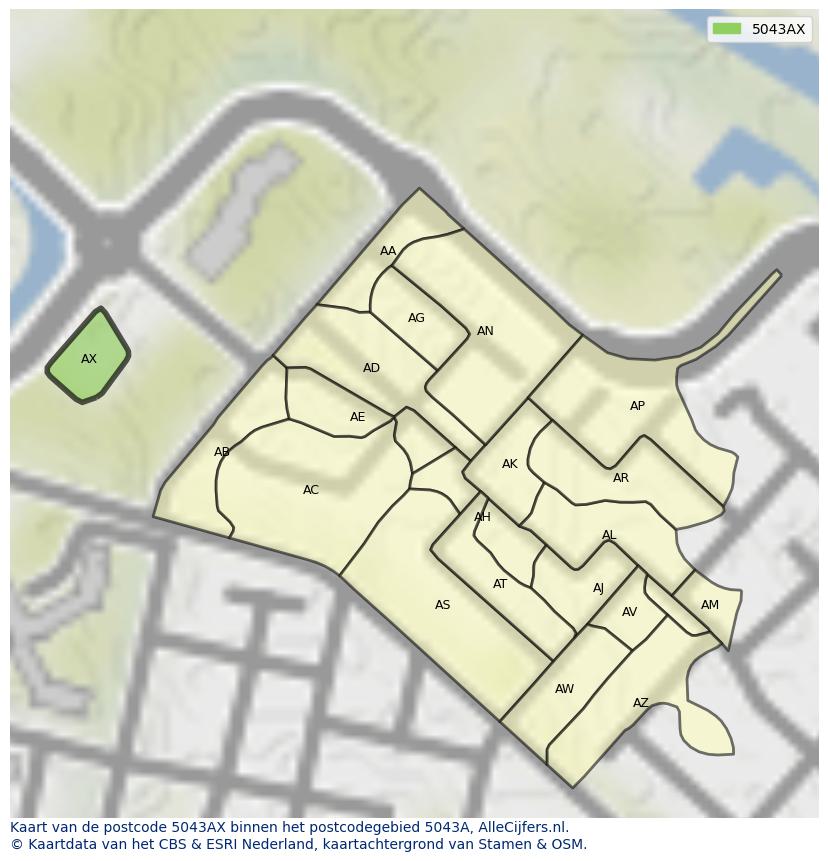 Afbeelding van het postcodegebied 5043 AX op de kaart.