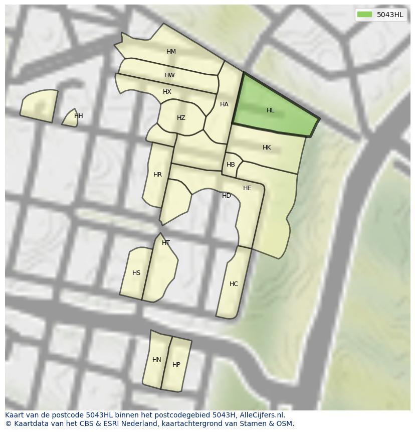 Afbeelding van het postcodegebied 5043 HL op de kaart.