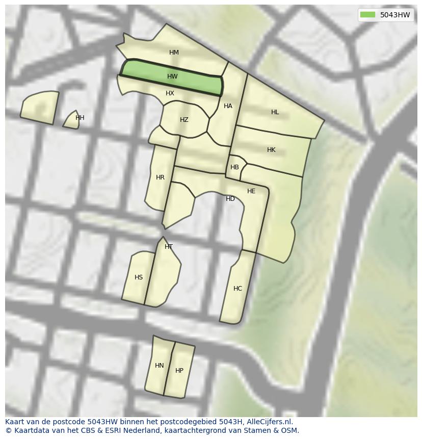 Afbeelding van het postcodegebied 5043 HW op de kaart.