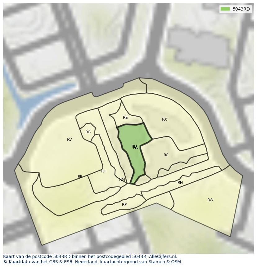 Afbeelding van het postcodegebied 5043 RD op de kaart.