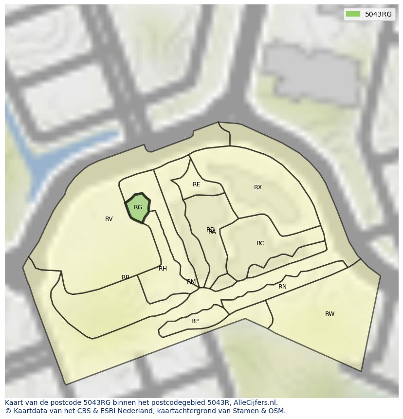 Afbeelding van het postcodegebied 5043 RG op de kaart.