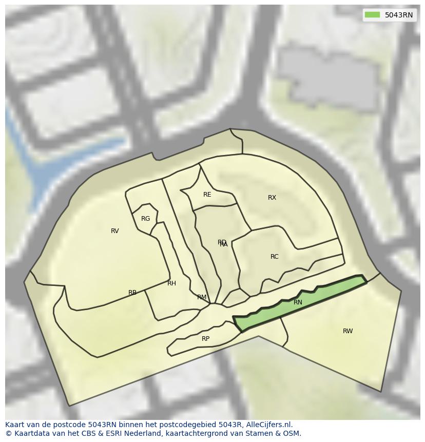Afbeelding van het postcodegebied 5043 RN op de kaart.