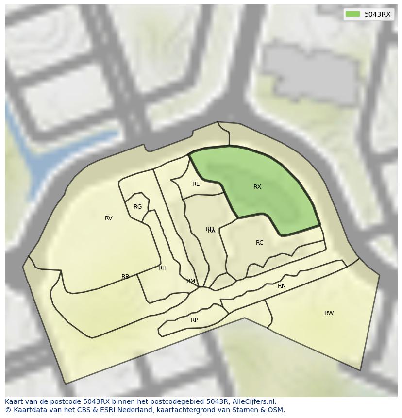 Afbeelding van het postcodegebied 5043 RX op de kaart.
