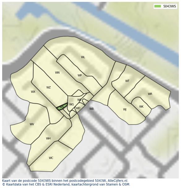 Afbeelding van het postcodegebied 5043 WS op de kaart.