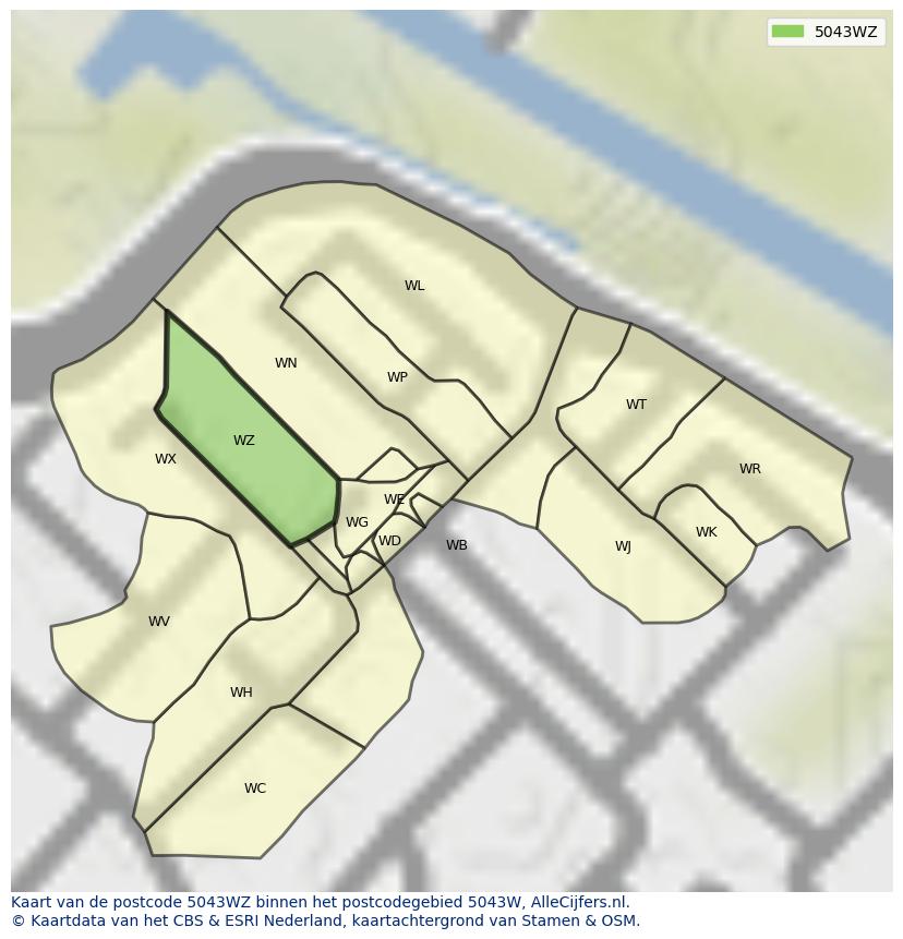 Afbeelding van het postcodegebied 5043 WZ op de kaart.