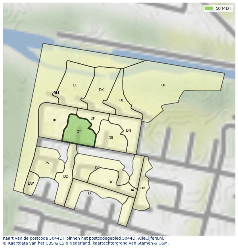 Afbeelding van het postcodegebied 5044 DT op de kaart.