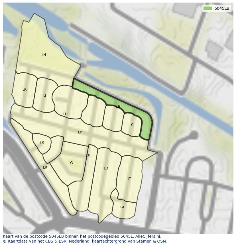 Afbeelding van het postcodegebied 5045 LB op de kaart.