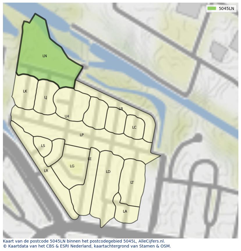 Afbeelding van het postcodegebied 5045 LN op de kaart.