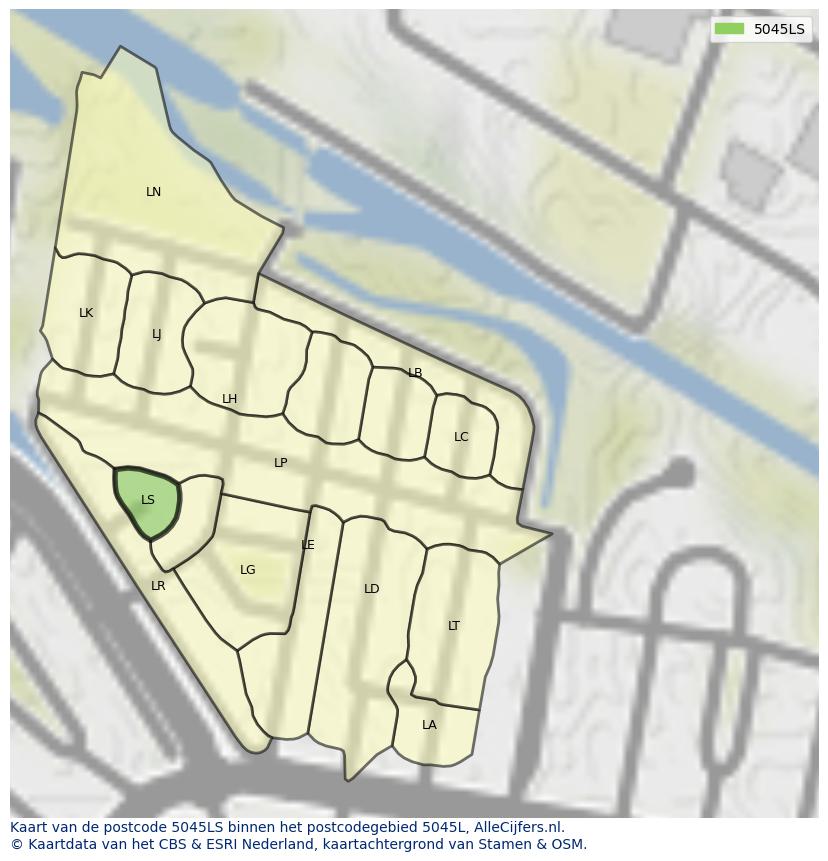 Afbeelding van het postcodegebied 5045 LS op de kaart.