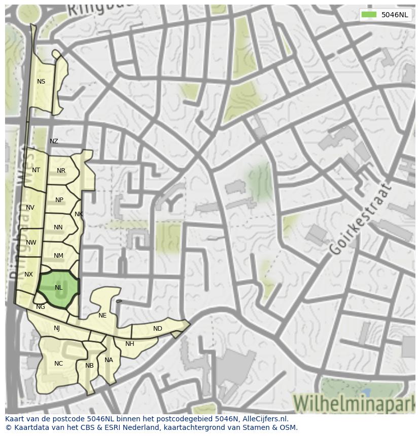 Afbeelding van het postcodegebied 5046 NL op de kaart.