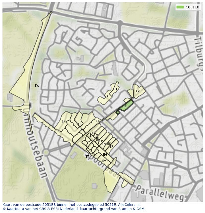 Afbeelding van het postcodegebied 5051 EB op de kaart.