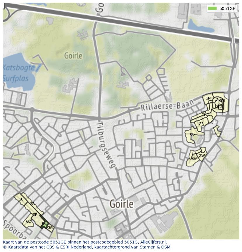 Afbeelding van het postcodegebied 5051 GE op de kaart.