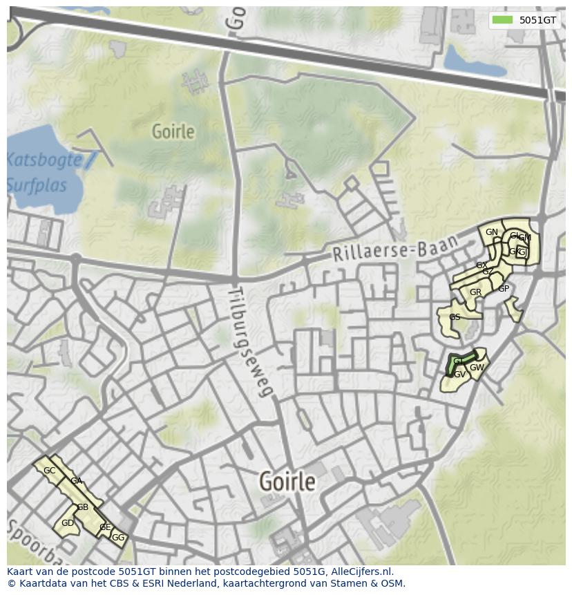Afbeelding van het postcodegebied 5051 GT op de kaart.