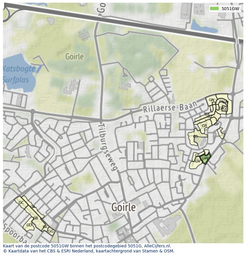 Afbeelding van het postcodegebied 5051 GW op de kaart.