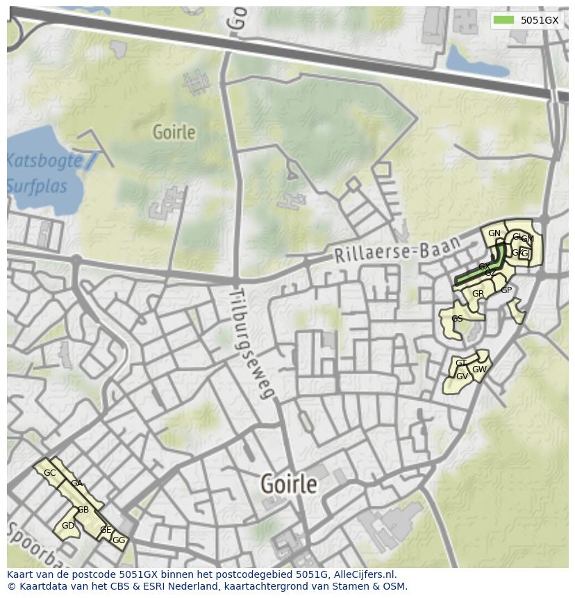 Afbeelding van het postcodegebied 5051 GX op de kaart.