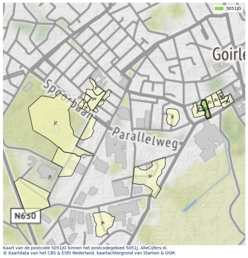 Afbeelding van het postcodegebied 5051 JG op de kaart.