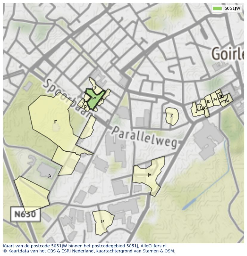 Afbeelding van het postcodegebied 5051 JW op de kaart.