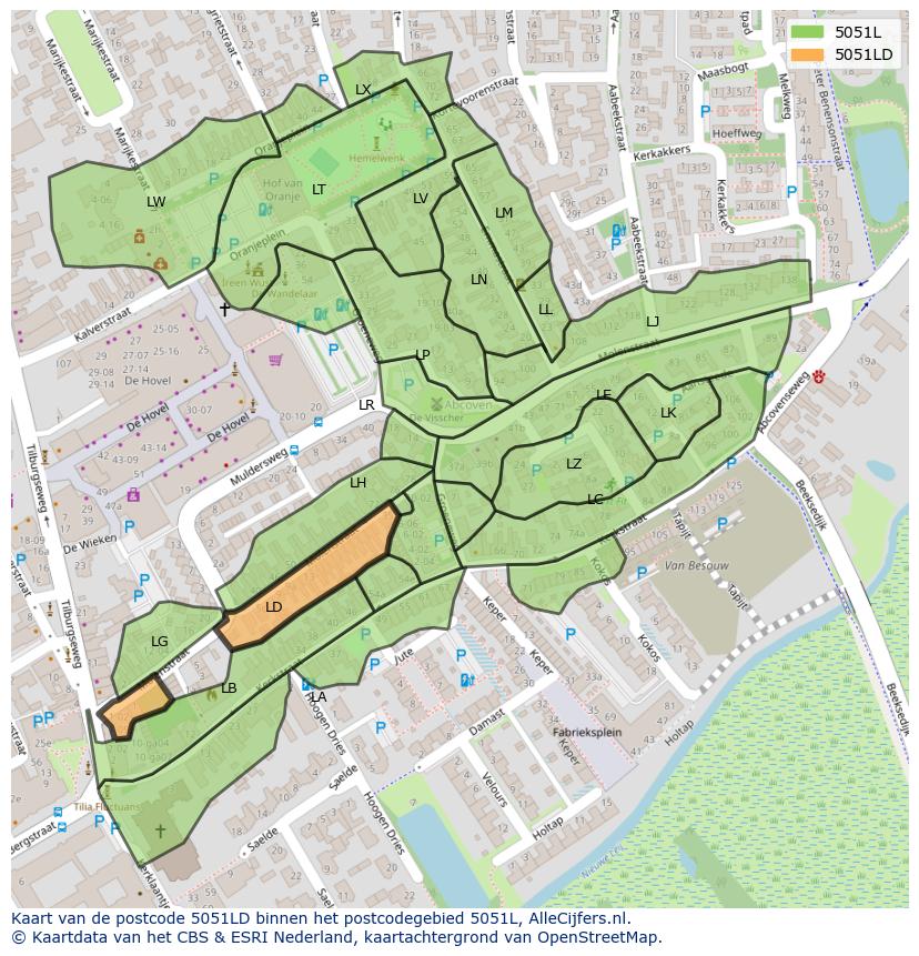Afbeelding van het postcodegebied 5051 LD op de kaart.