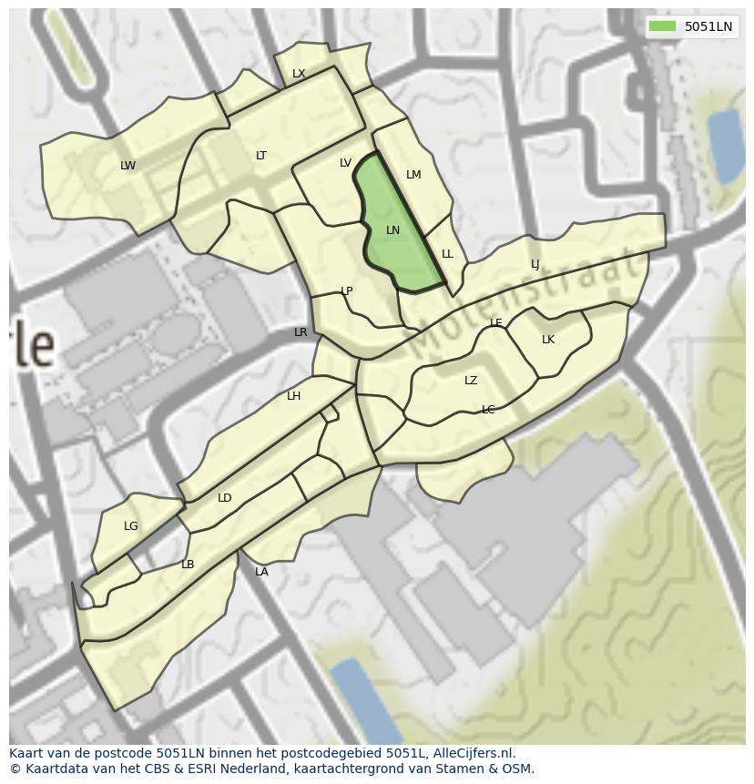 Afbeelding van het postcodegebied 5051 LN op de kaart.