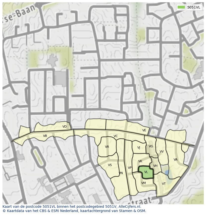 Afbeelding van het postcodegebied 5051 VL op de kaart.