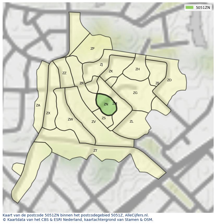 Afbeelding van het postcodegebied 5051 ZN op de kaart.