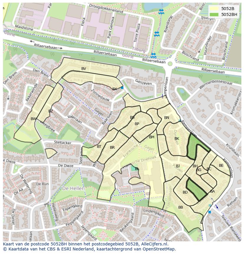 Afbeelding van het postcodegebied 5052 BH op de kaart.