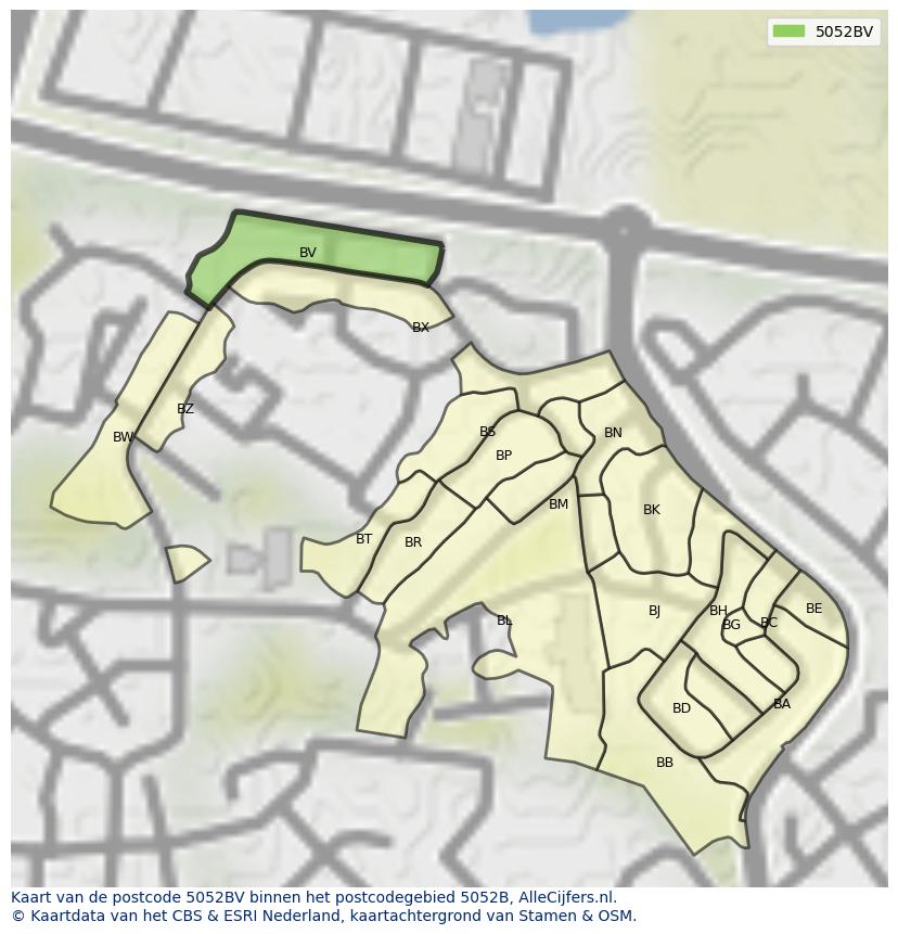 Afbeelding van het postcodegebied 5052 BV op de kaart.