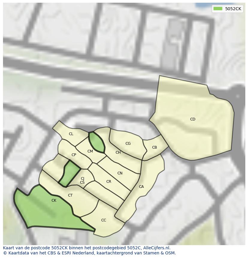 Afbeelding van het postcodegebied 5052 CK op de kaart.