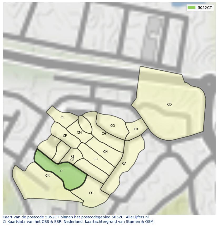 Afbeelding van het postcodegebied 5052 CT op de kaart.