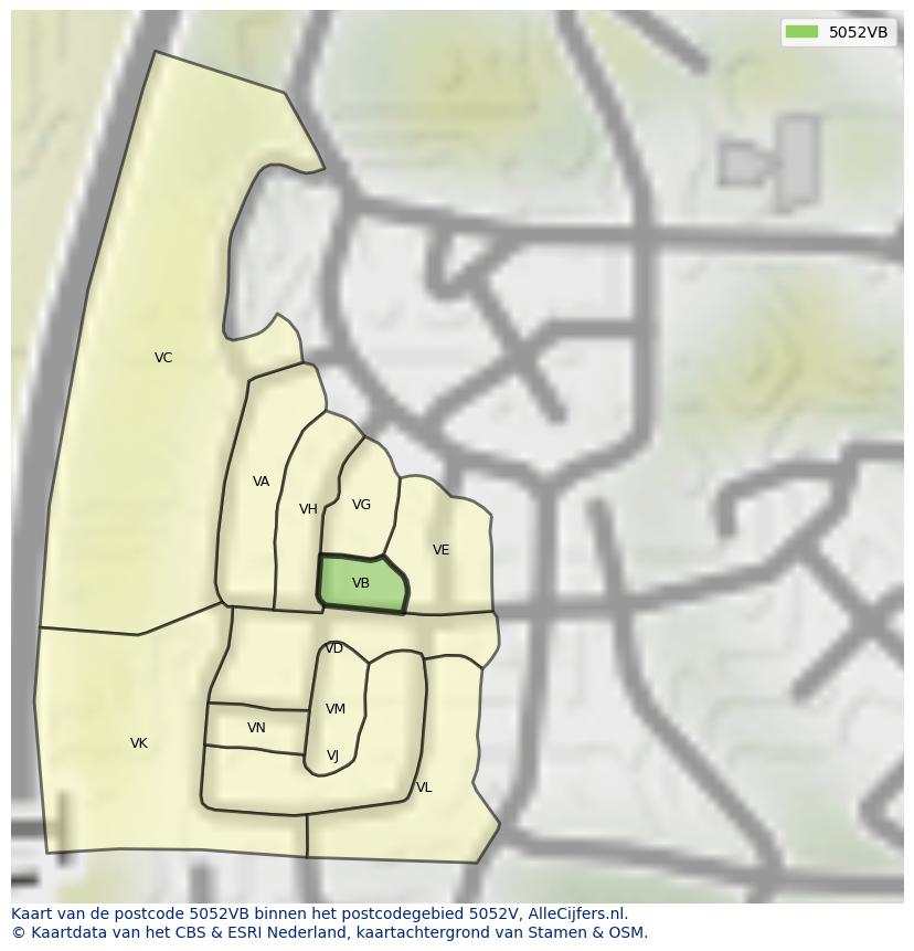 Afbeelding van het postcodegebied 5052 VB op de kaart.